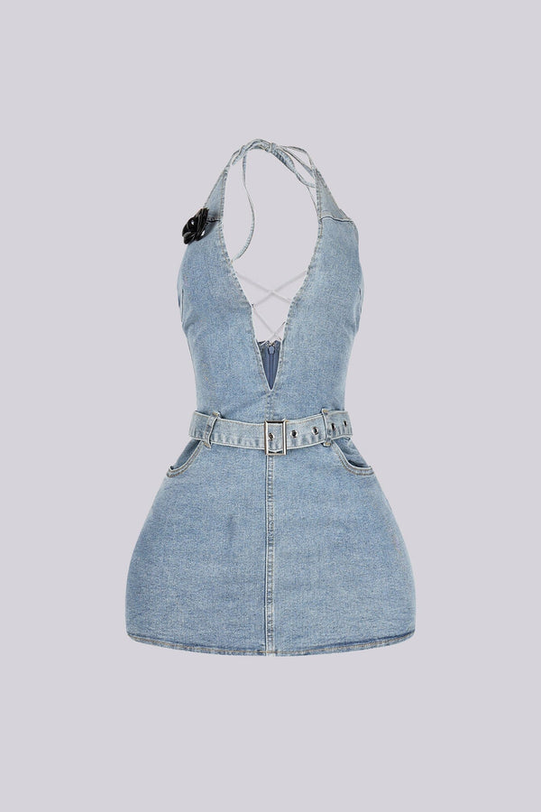 Calm Blue Denim Halter Mini Dress